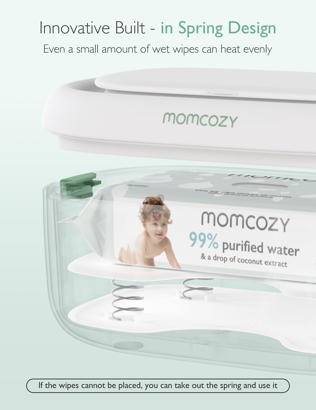 Momcozy detalle del resorte extraíble que facilita empuje de las toallitas
