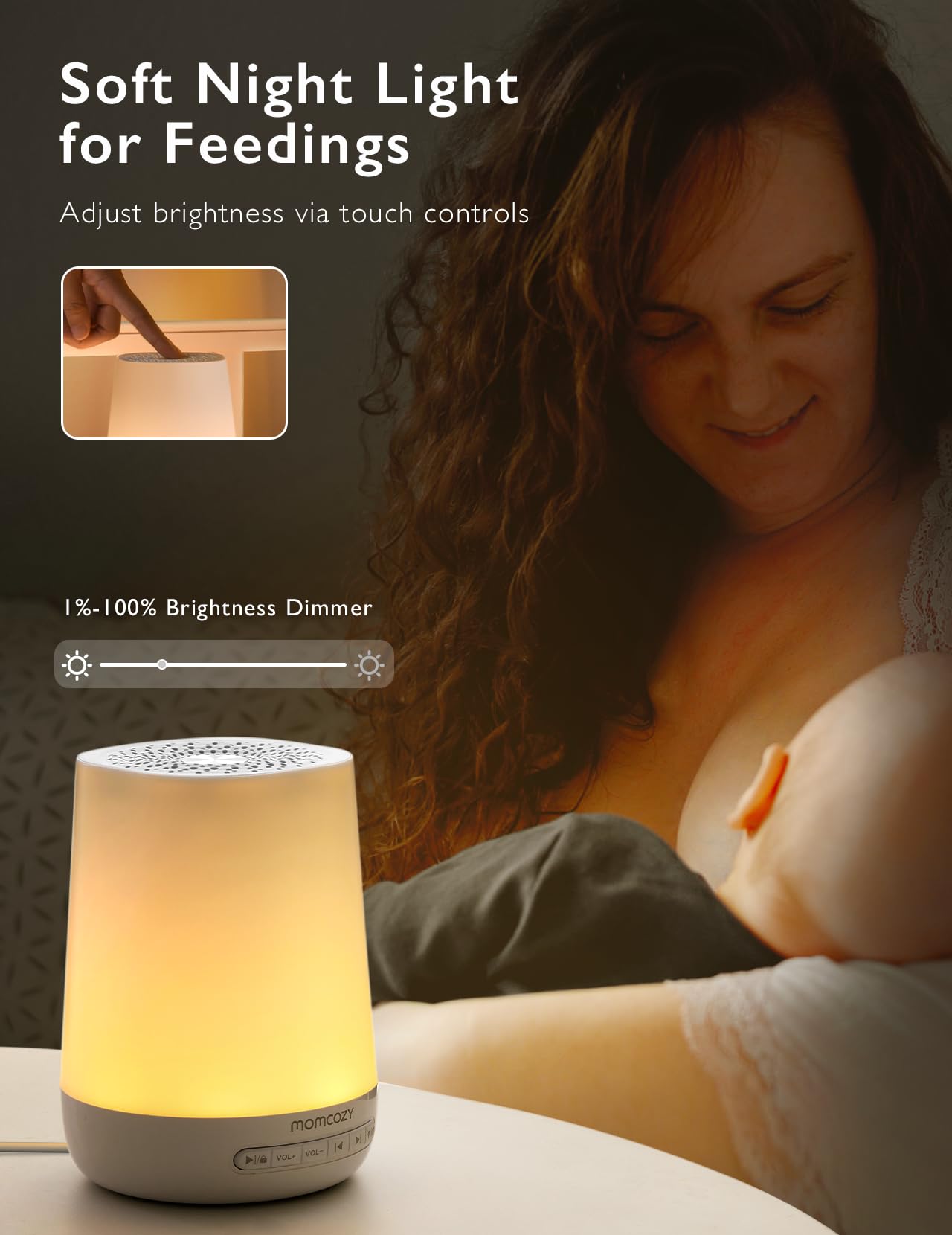 Momcozy máquina junto a cuna creando ambiente calmado para dormir bebé