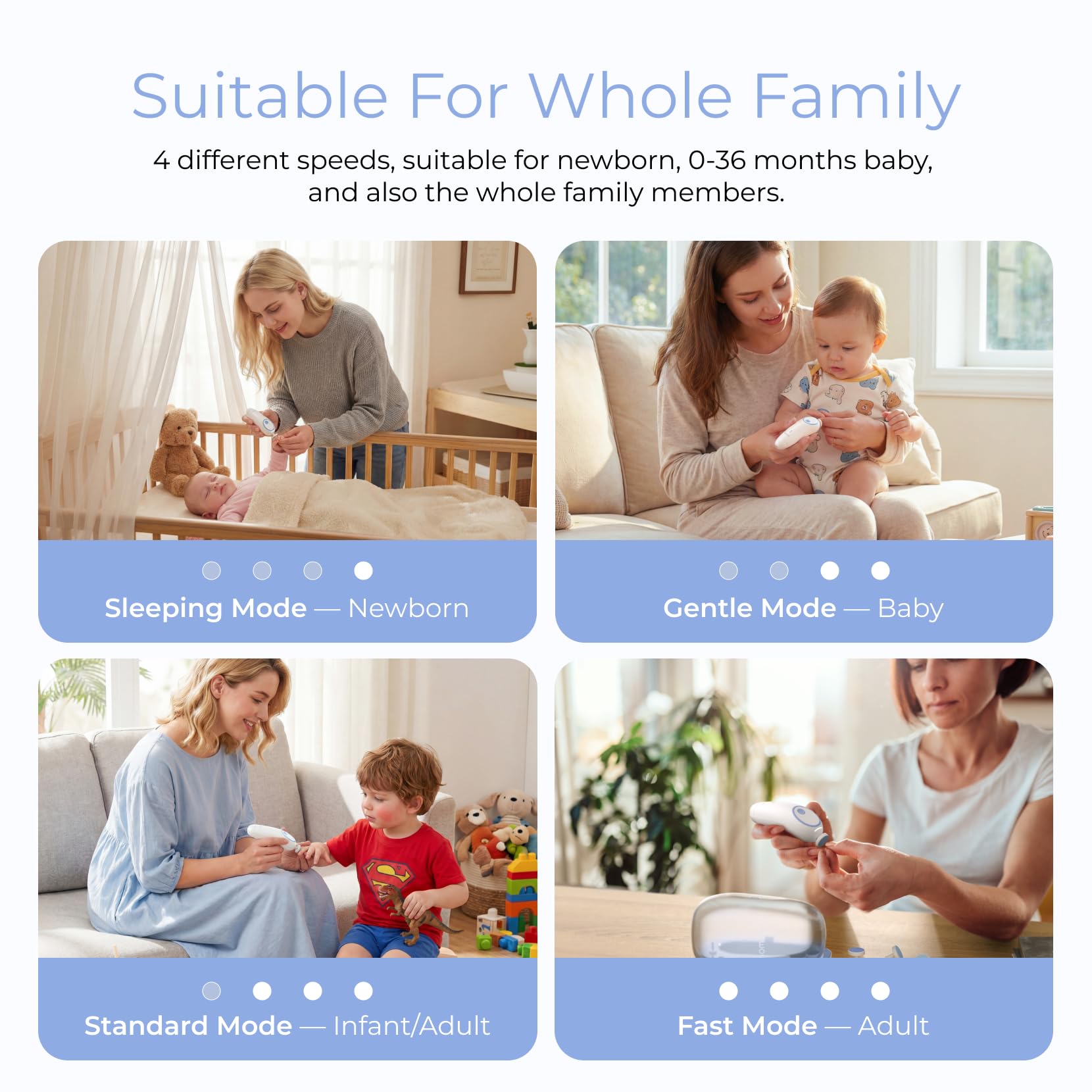 Momcozy herramienta en uso con bebé, corte silencioso y control seguro
