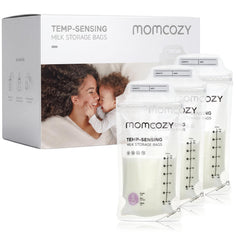 Momcozy paquete frontal mostrando 200 bolsas, conveniencia de almacenamiento