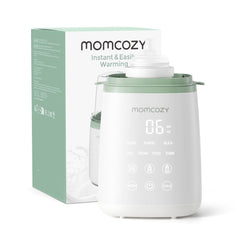 Momcozy vista frontal del calentador mostrando diseño compacto y accesibilidad