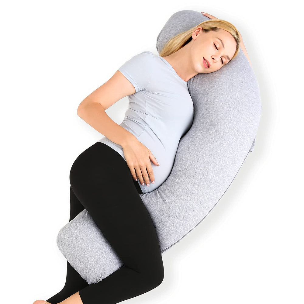 Momcozy almohada frontal mostrando forma en J y soporte completo