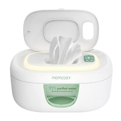 Momcozy vista frontal del calienta toallitas, acceso rápido y diseño compacto