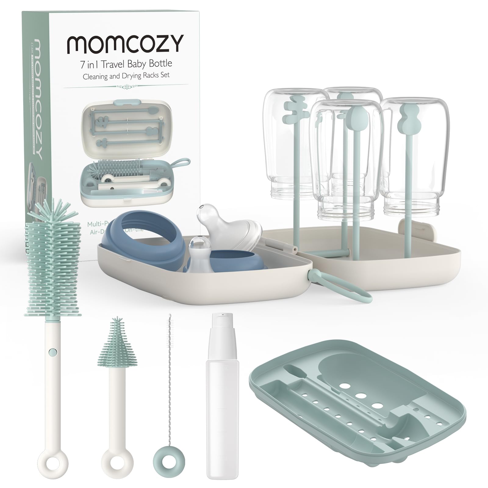 Momcozy frontal del conjunto verde mostrando todas las piezas y orden