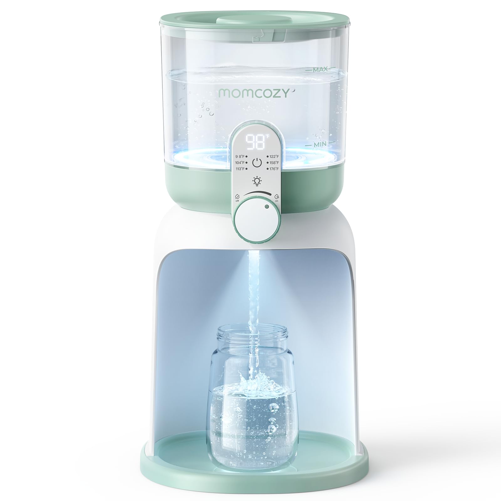 Momcozy vista frontal del dispensador mostrando capacidad y diseño seguro