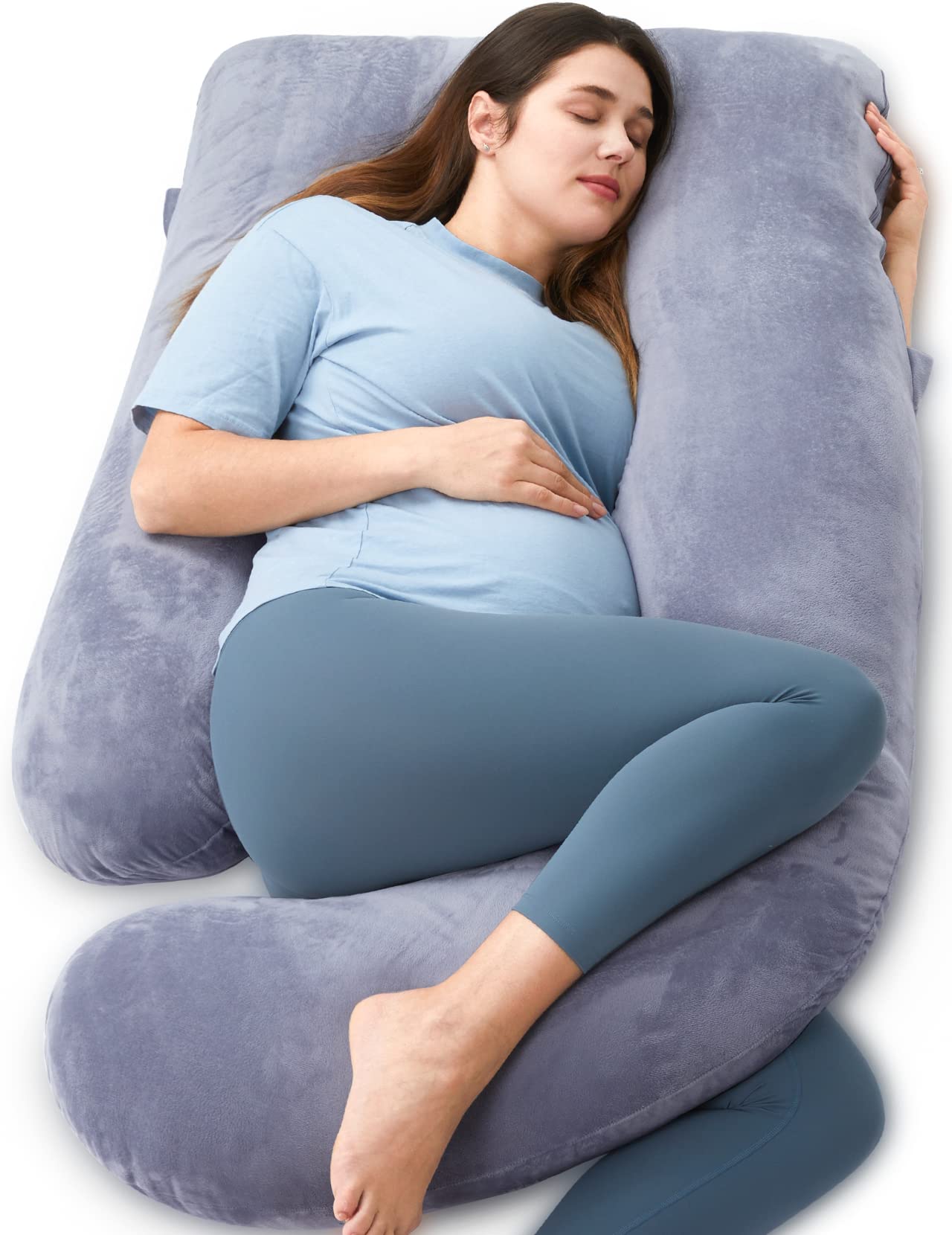 Momcozy vista frontal del cojín en U mostrando forma envolvente y apoyo total