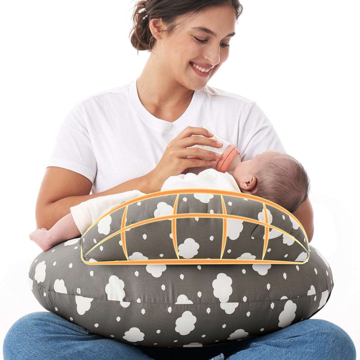Momcozy vista frontal del cojín mostrando forma y ergonomía