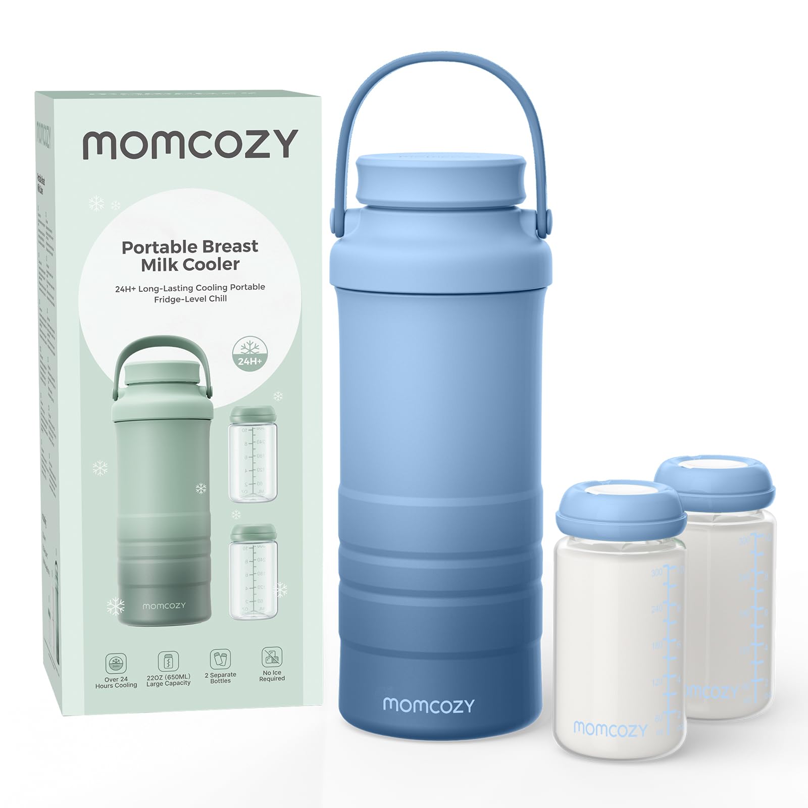 Momcozy vista frontal del enfriador mostrando diseño compacto y transporte seguro