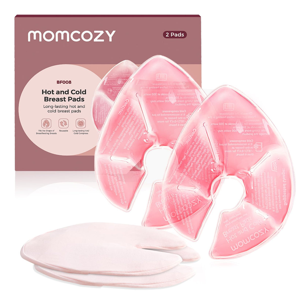 Momcozy frontal del pack mostrando dos compresas grandes y prácticas para lactancia