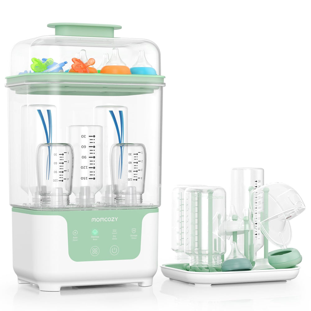 Momcozy vista frontal del esterilizador mostrando controles y diseño compacto para espacios pequeños