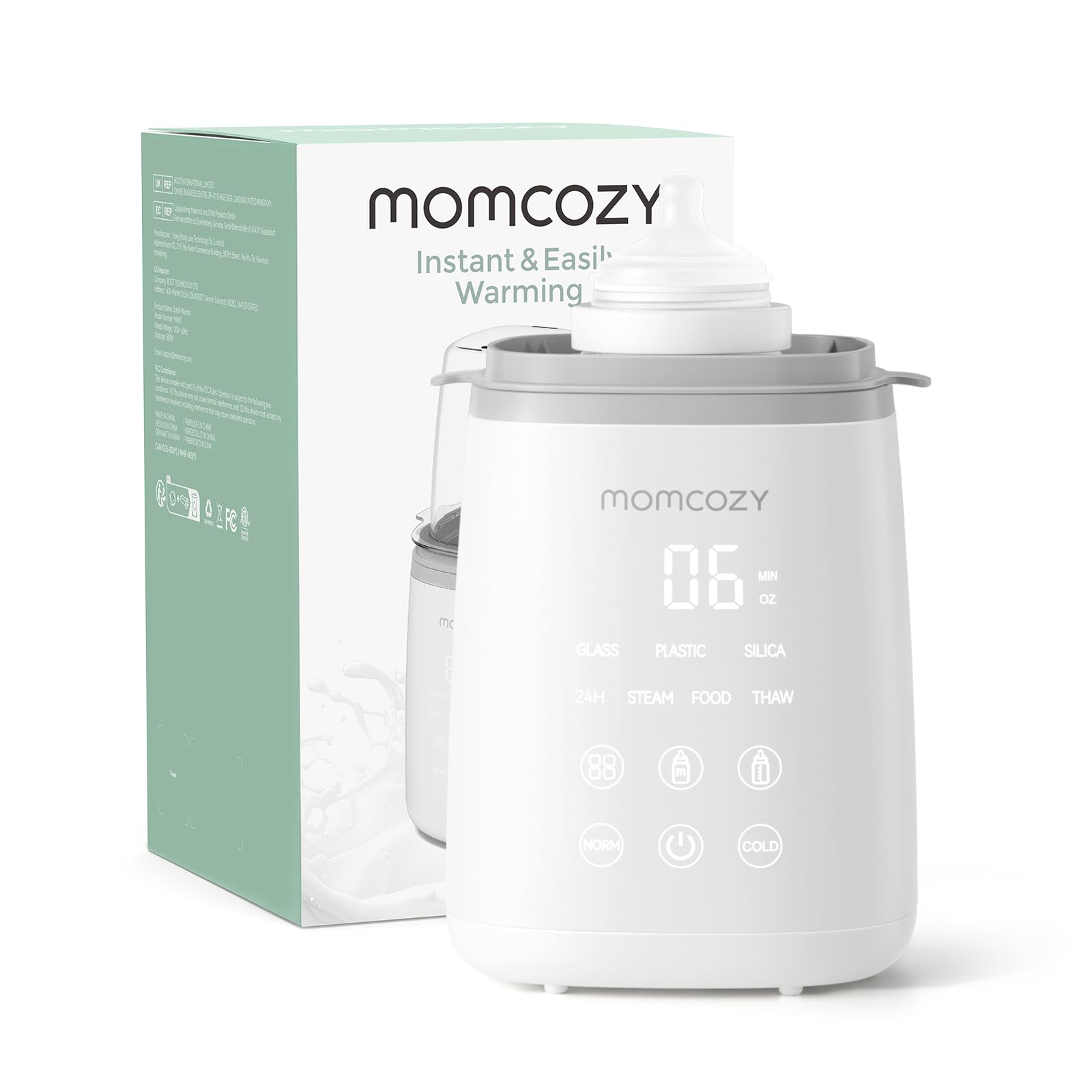 Momcozy vista frontal del calentador con biberón, rapidez en calentado