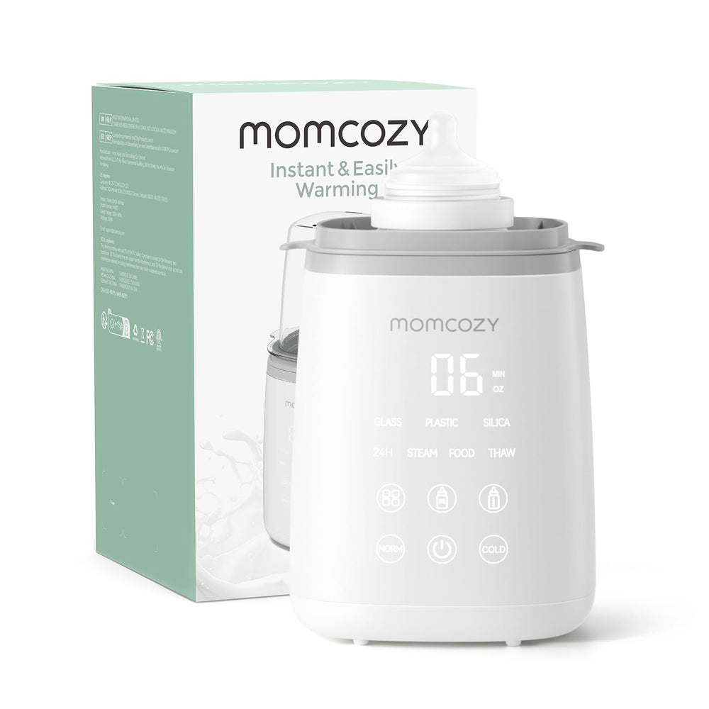 Momcozy vista frontal del calentador con biberón, rapidez en calentado