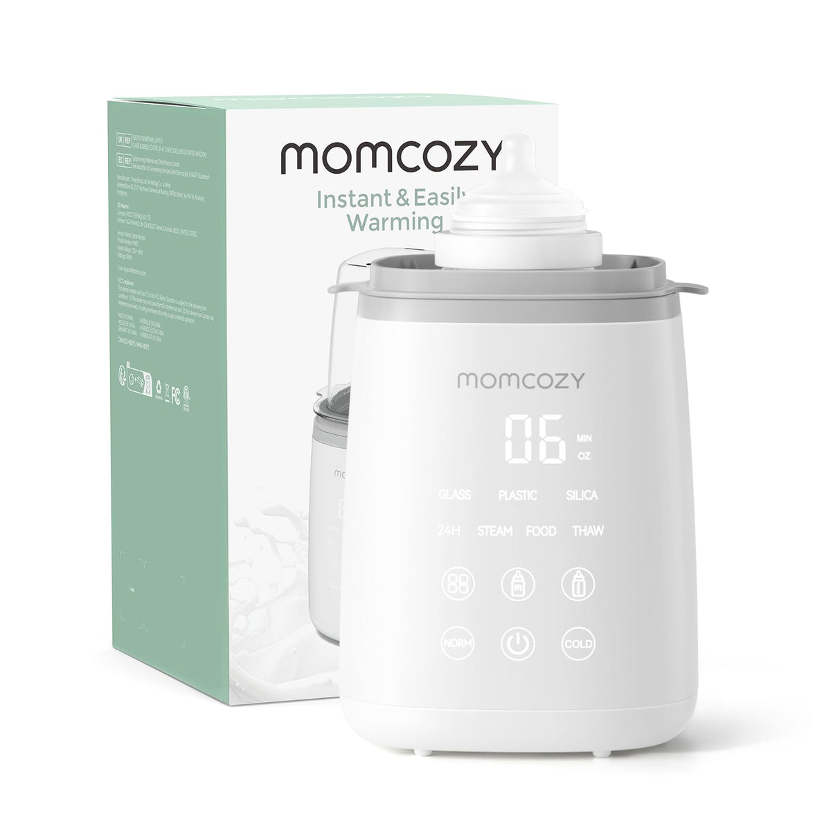 Momcozy vista frontal del calentador con biberón, rapidez en calentado