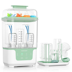Momcozy vista frontal del esterilizador mostrando controles y diseño compacto para espacios pequeños