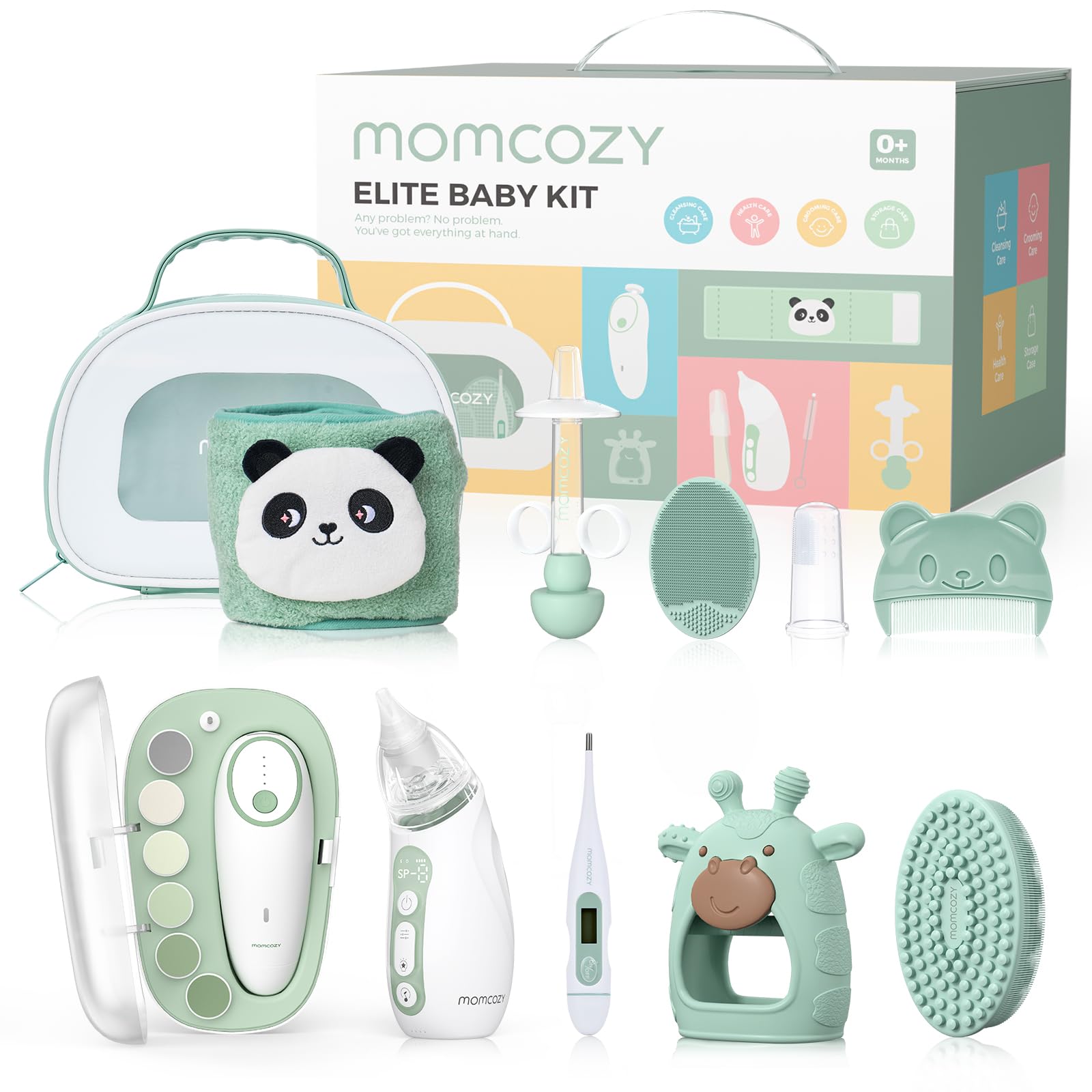 Momcozy kit presentación frontal mostrando todos los artículos, organización efectiva