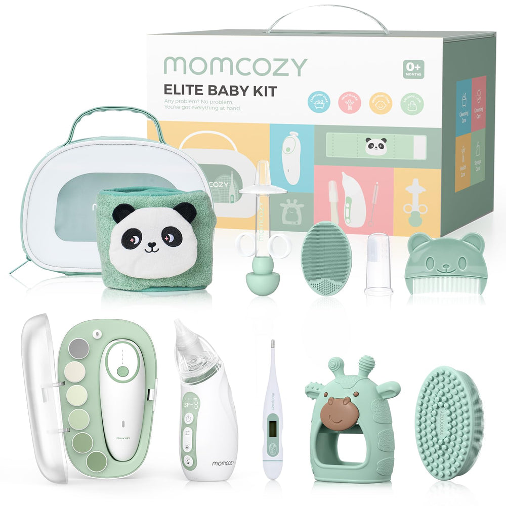 Momcozy kit presentación frontal mostrando todos los artículos, organización efectiva