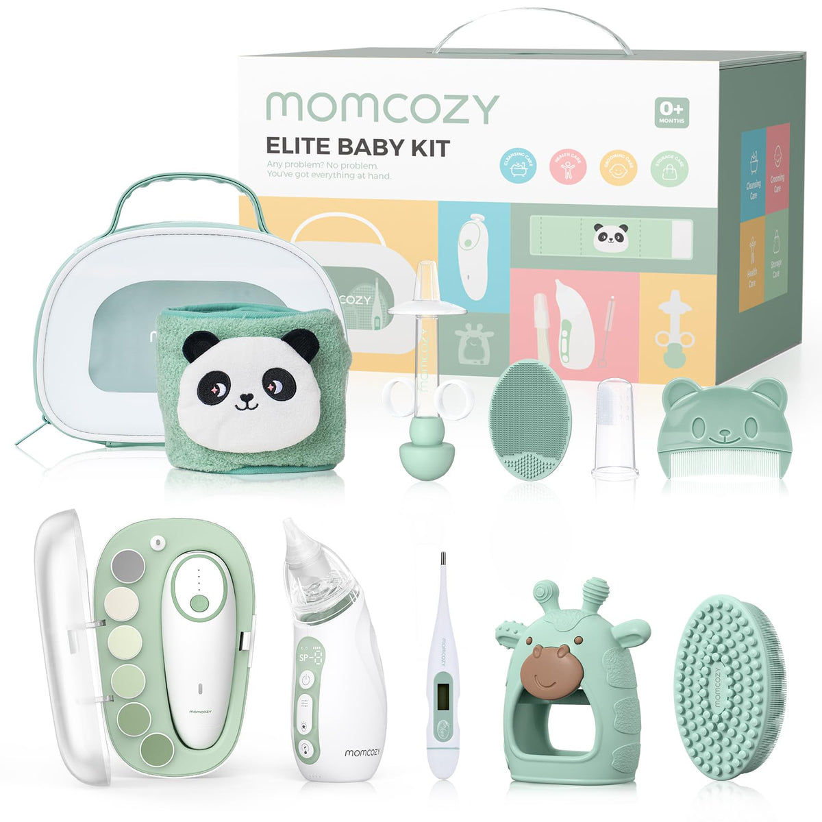 Momcozy kit presentación frontal mostrando todos los artículos, organización efectiva