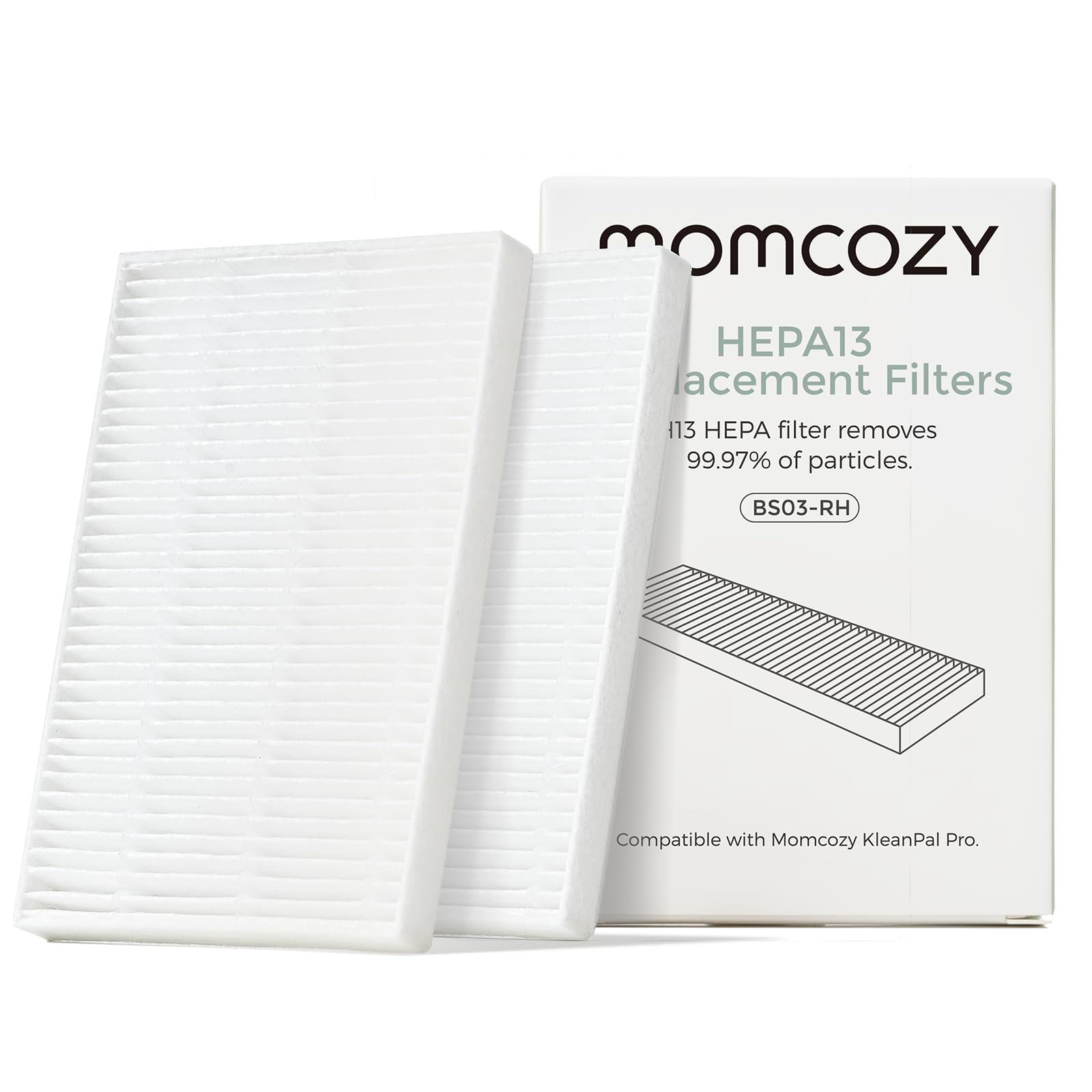 Momcozy vista frontal del empaque con dos filtros, claridad y confianza