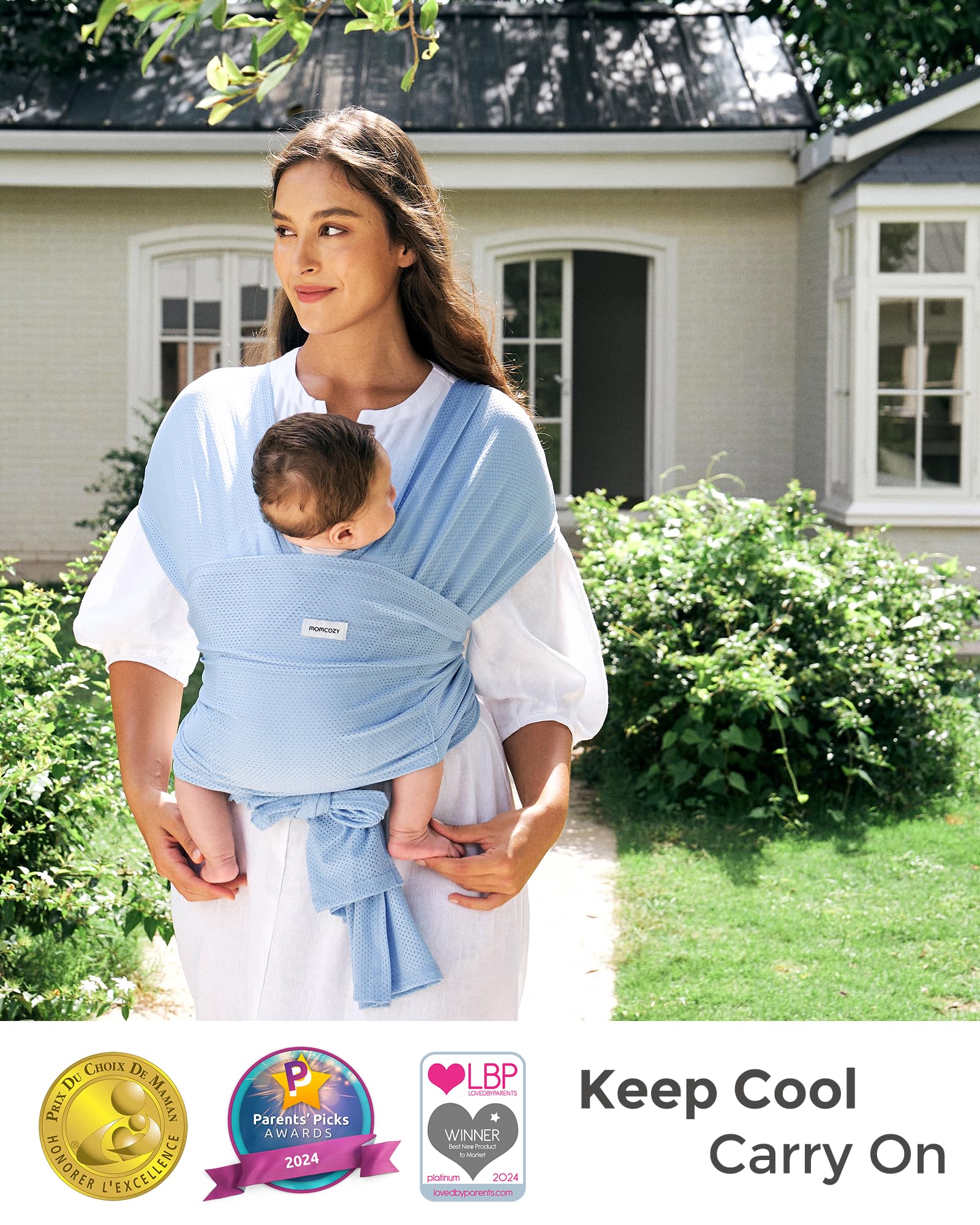 Momcozy madre amamantando con discreción usando el fular