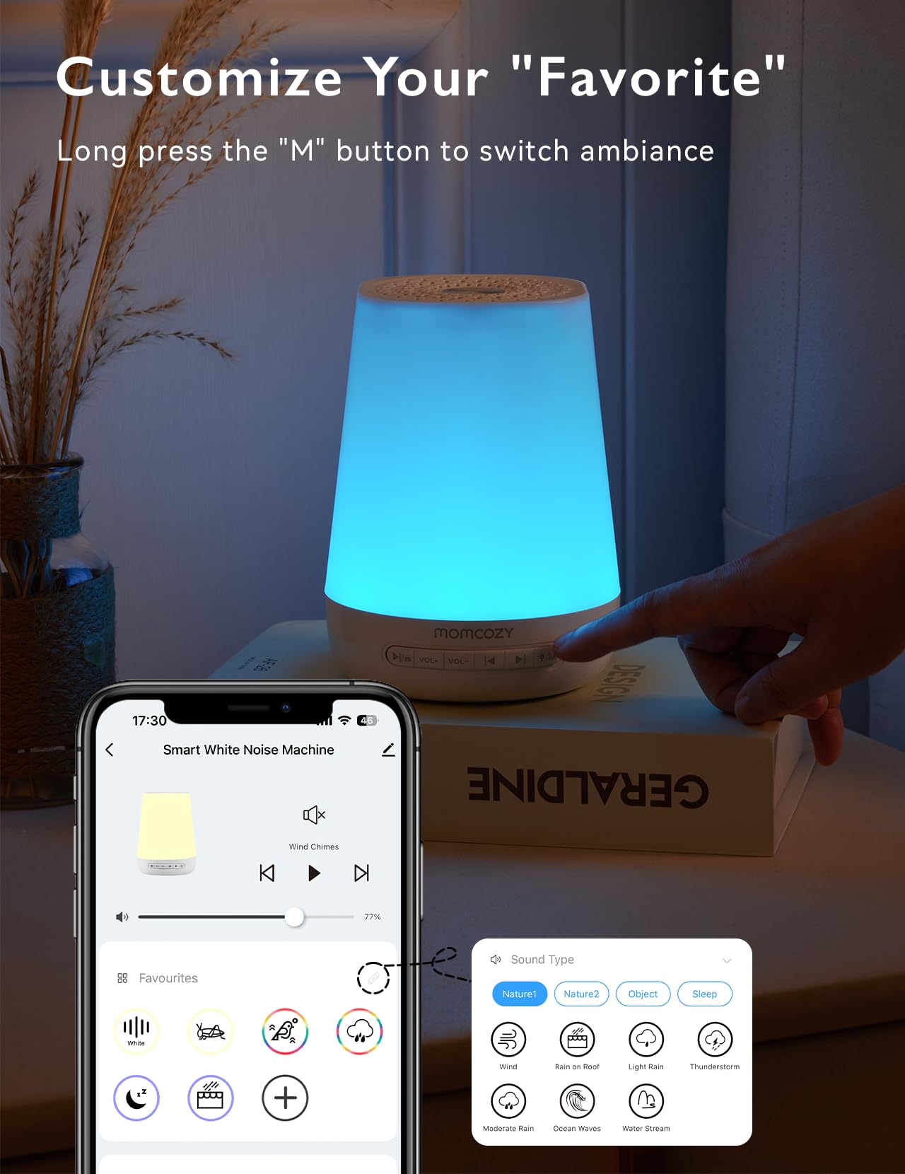 Momcozy luz nocturna mostrando siete colores para diferentes estados de ánimo