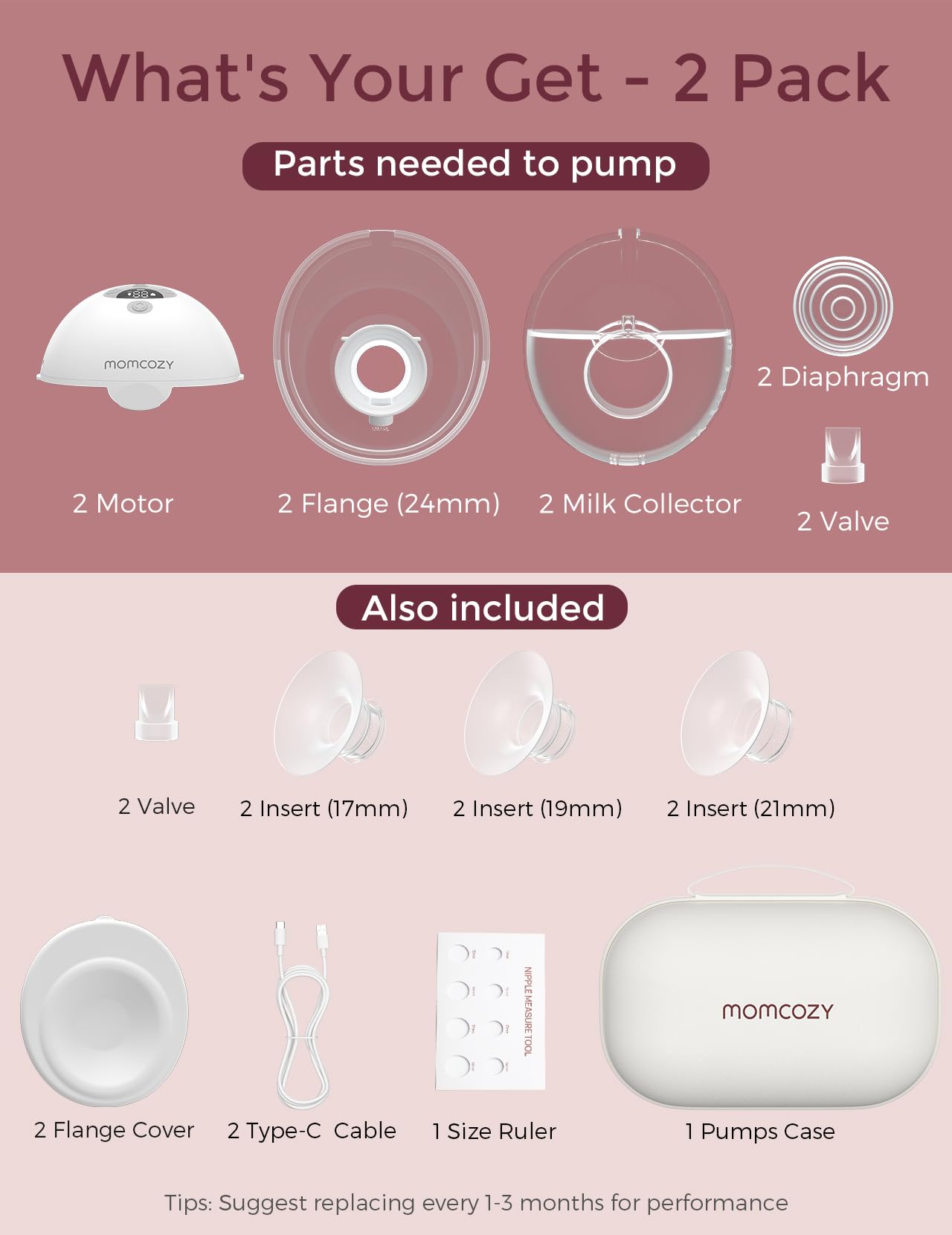 Momcozy M5 con accesorios y cuatro tallas de flange para ajuste personalizado