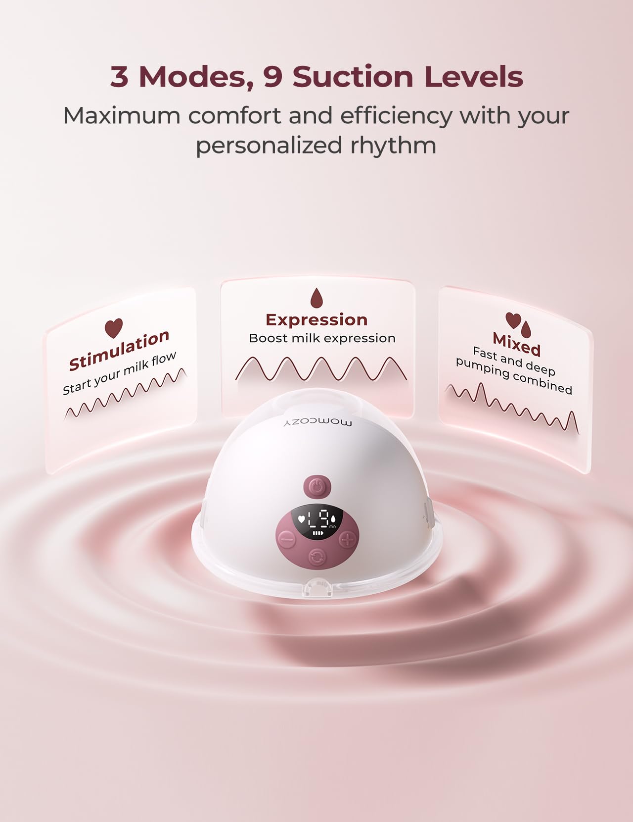 Momcozy M5 comparado con mano, tamaño compacto y fácil portabilidad
