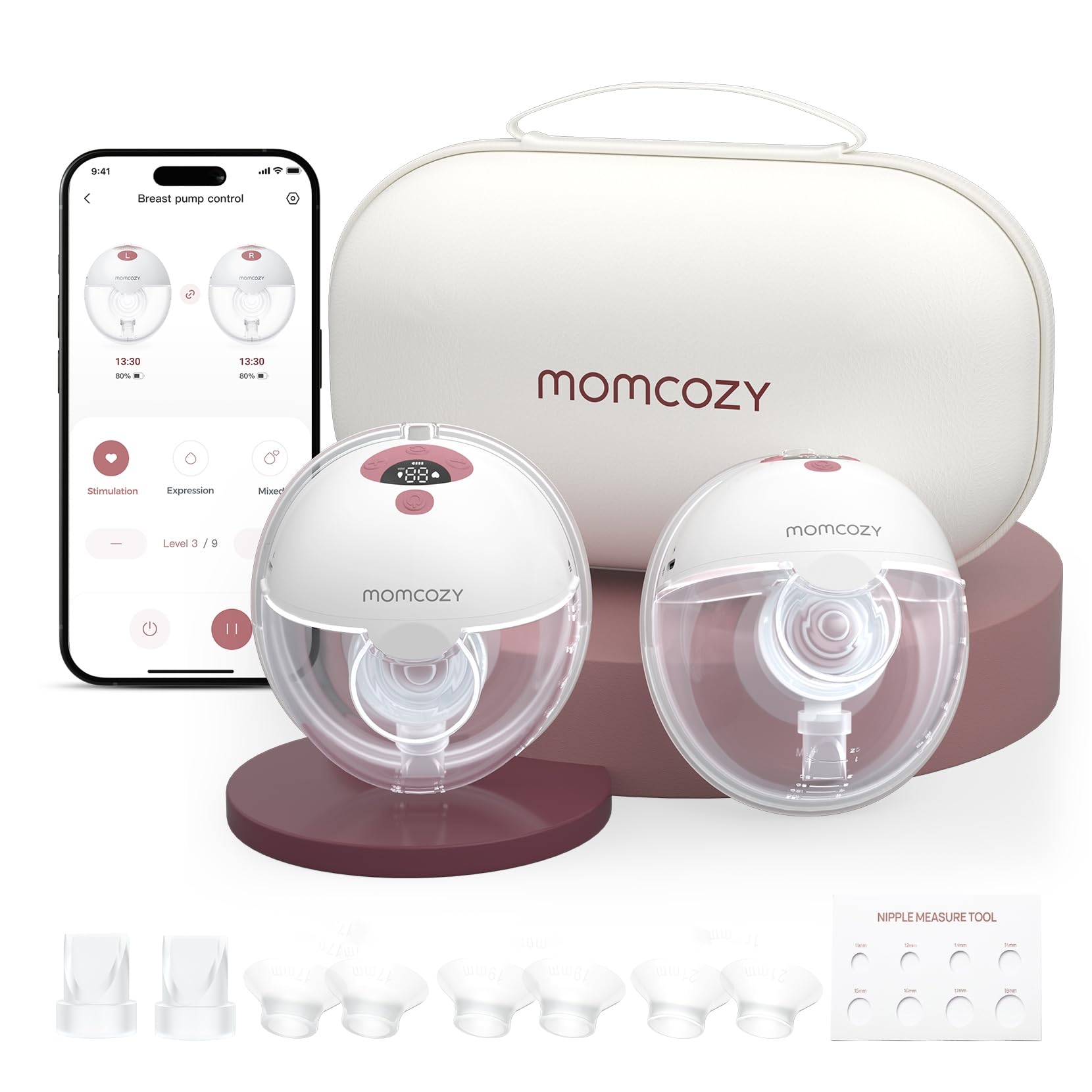 Momcozy M5 vista frontal pack Cozy Red, práctico y discreto