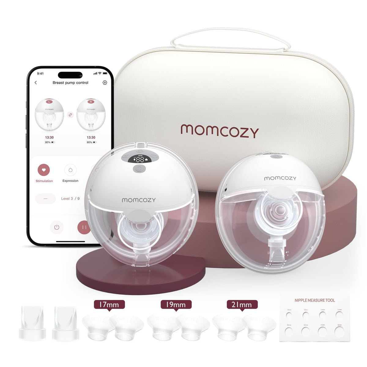 Momcozy M5 frontal paquete Quill Gray mostrando diseño compacto y discreción