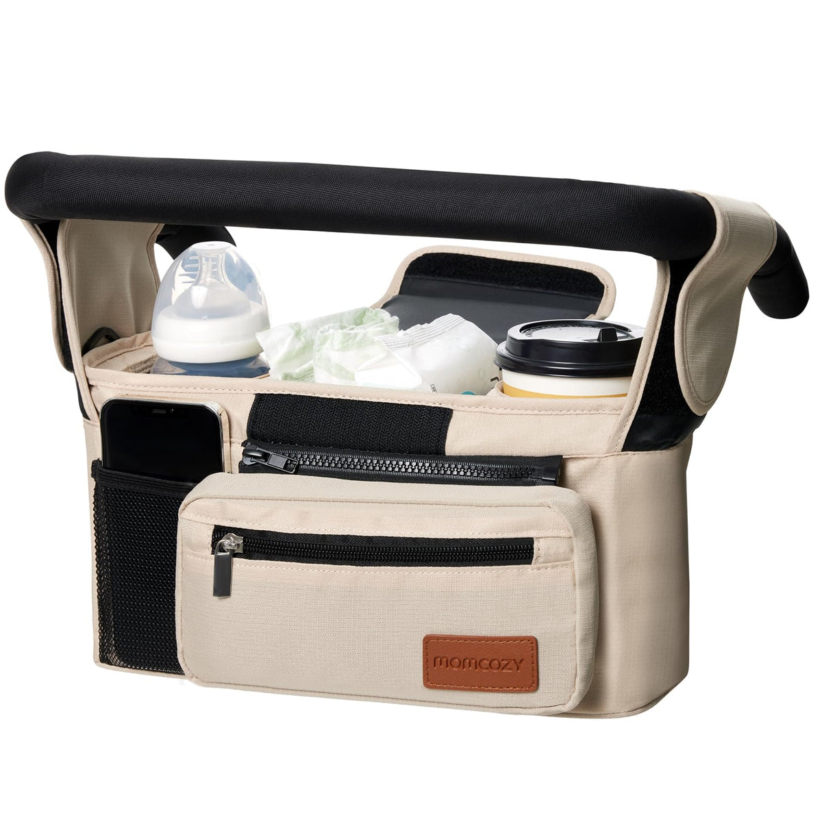 Momcozy vista frontal del organizador con múltiples bolsillos y orden
