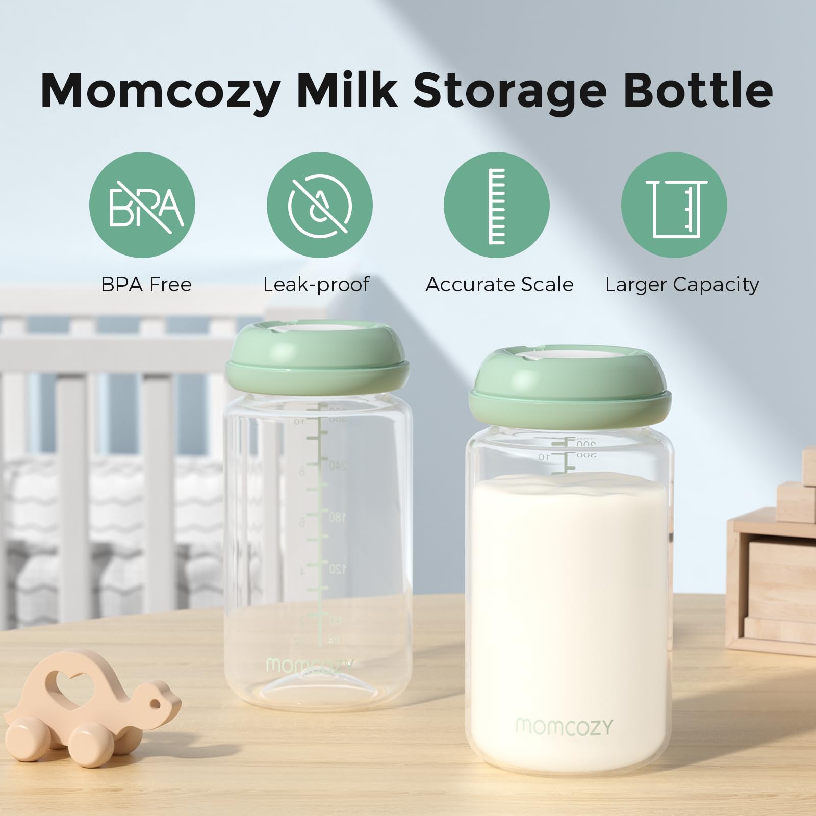 Momcozy tapa cerrada con escala de medidas legible para controlar cantidad