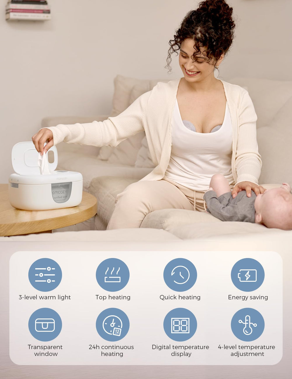 Momcozy vista cercana de la zona superior de calentamiento y textura