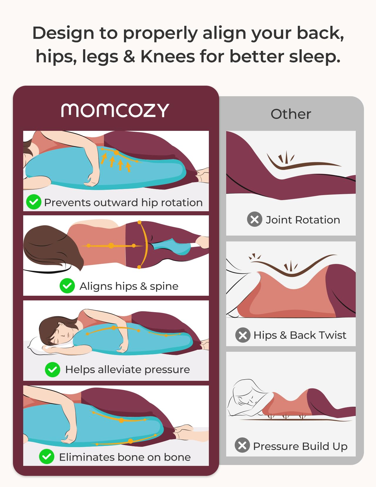 Momcozy mujer embarazada usando almohada en J y mejor postura