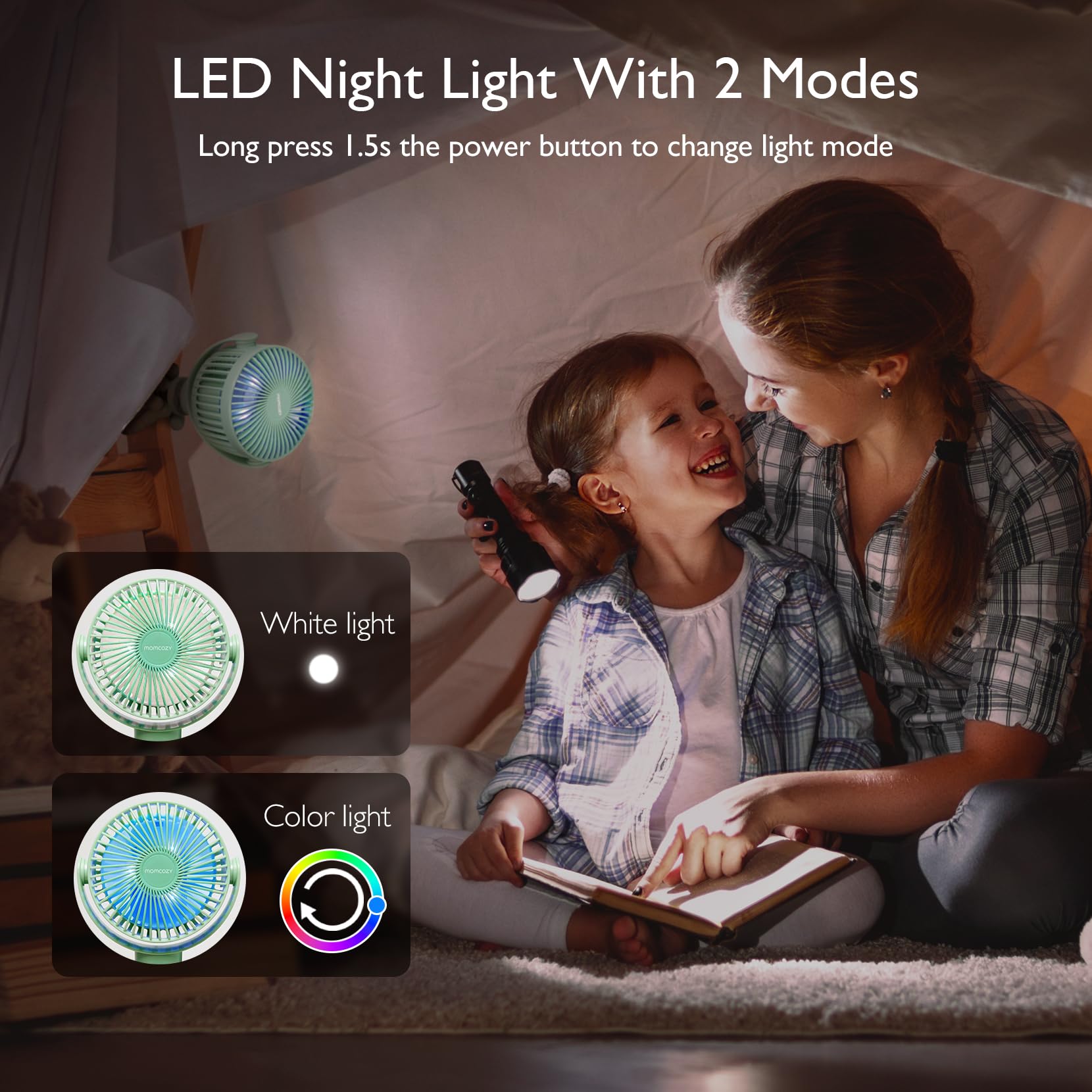 Momcozy ventilador junto a teléfono para comparar tamaño y portabilidad