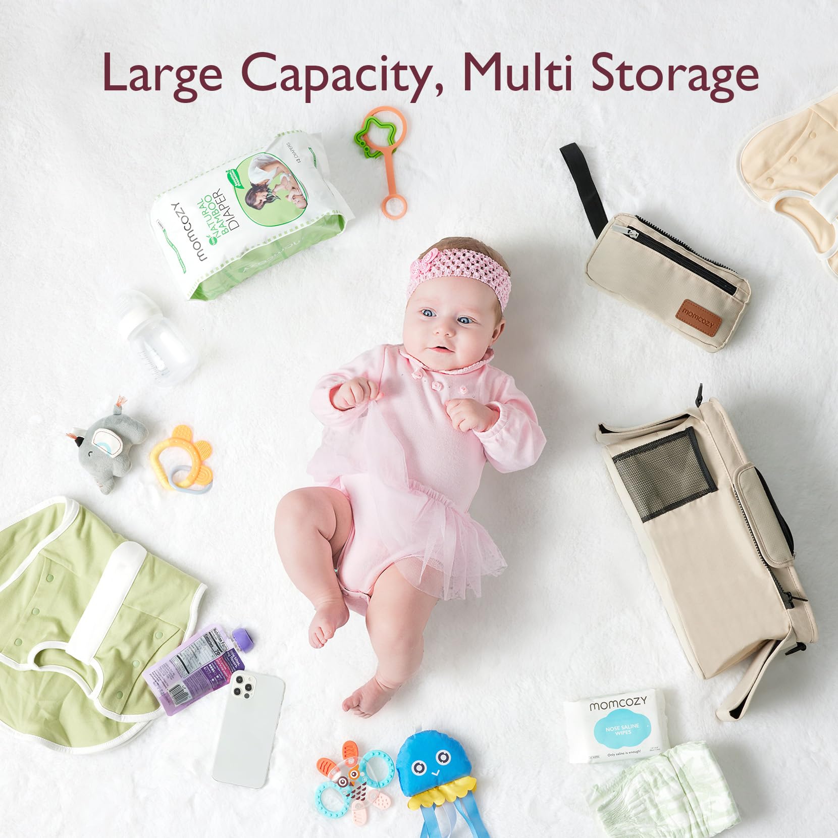 Momcozy interior con compartimentos organizadores para artículos esenciales