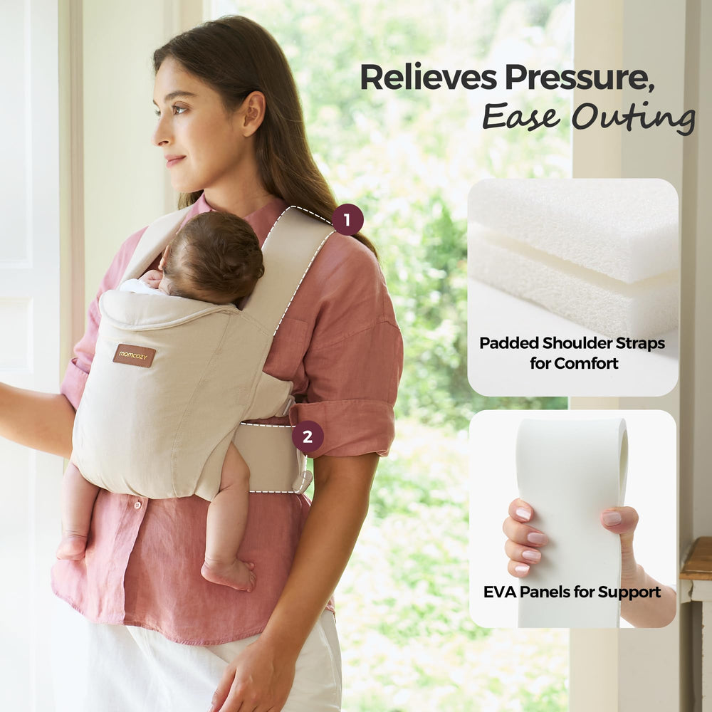 Momcozy etiqueta de material indicando 100% algodón y transpirabilidad