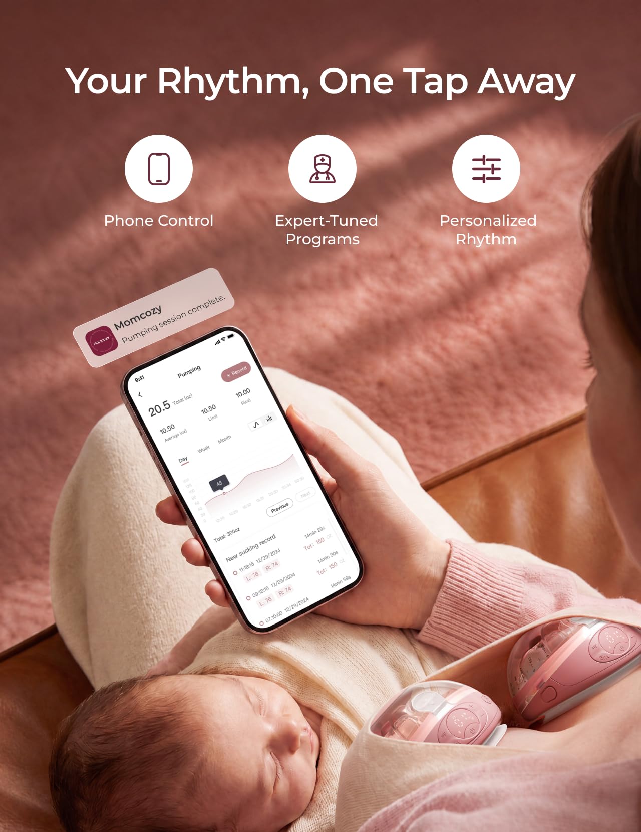Momcozy Wellness 1 comparado con botella para ver tamaño y portabilidad