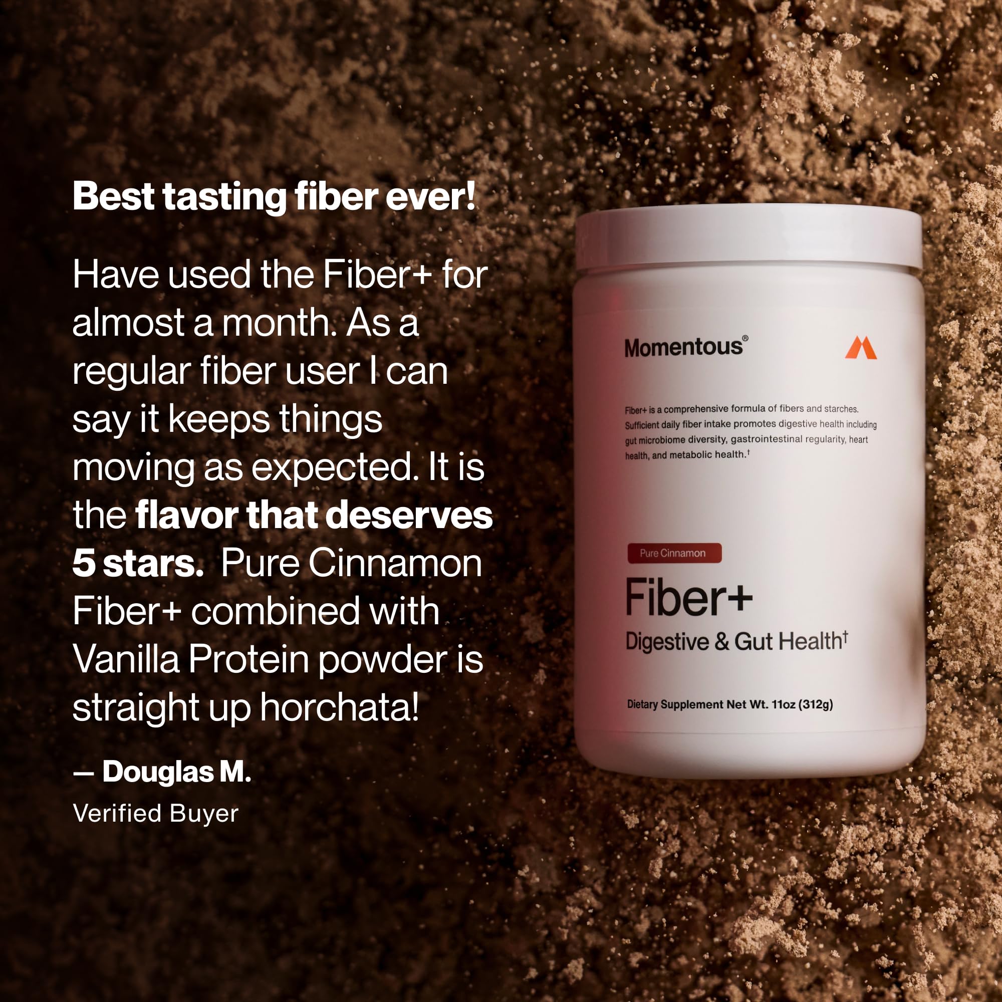 Momentous Fiber+ ingredientes dispuestos (psyllium, almidón resistente, salvado) apoyan microbiota