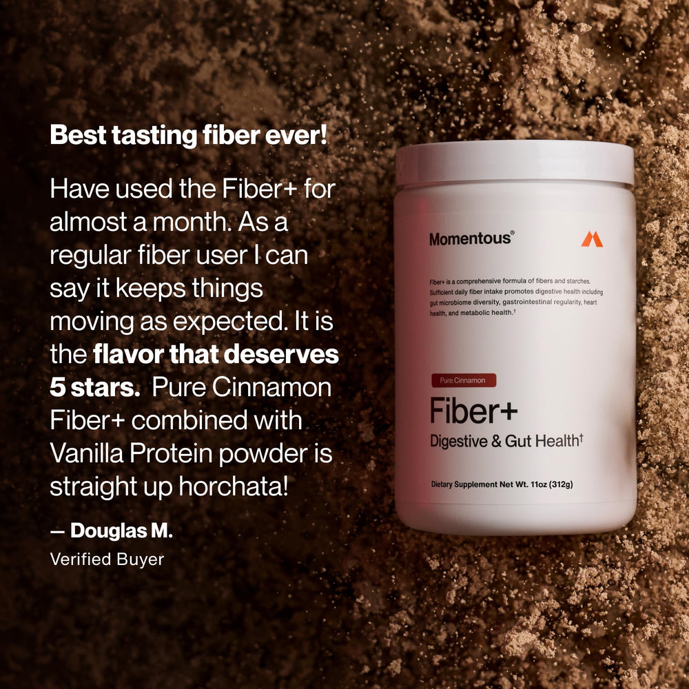 Momentous Fiber+ ingredientes dispuestos (psyllium, almidón resistente, salvado) apoyan microbiota