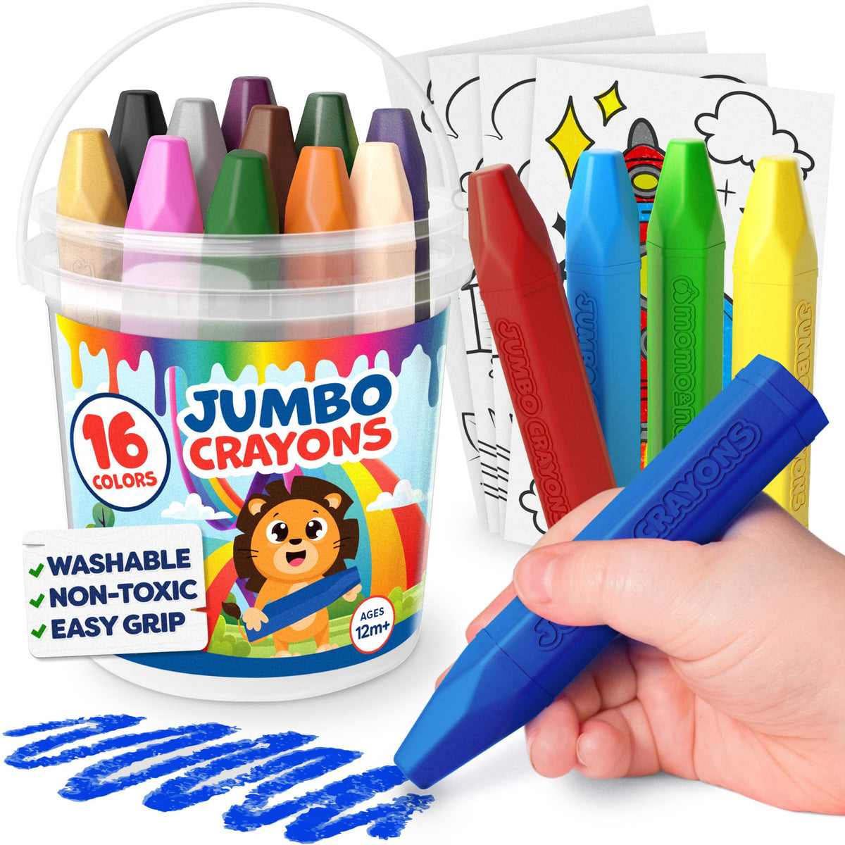 Momo & Nashi empaque frontal mostrando 16 crayones grandes y colores vivos