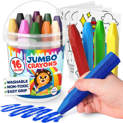 Momo & Nashi empaque frontal mostrando 16 crayones grandes y colores vivos