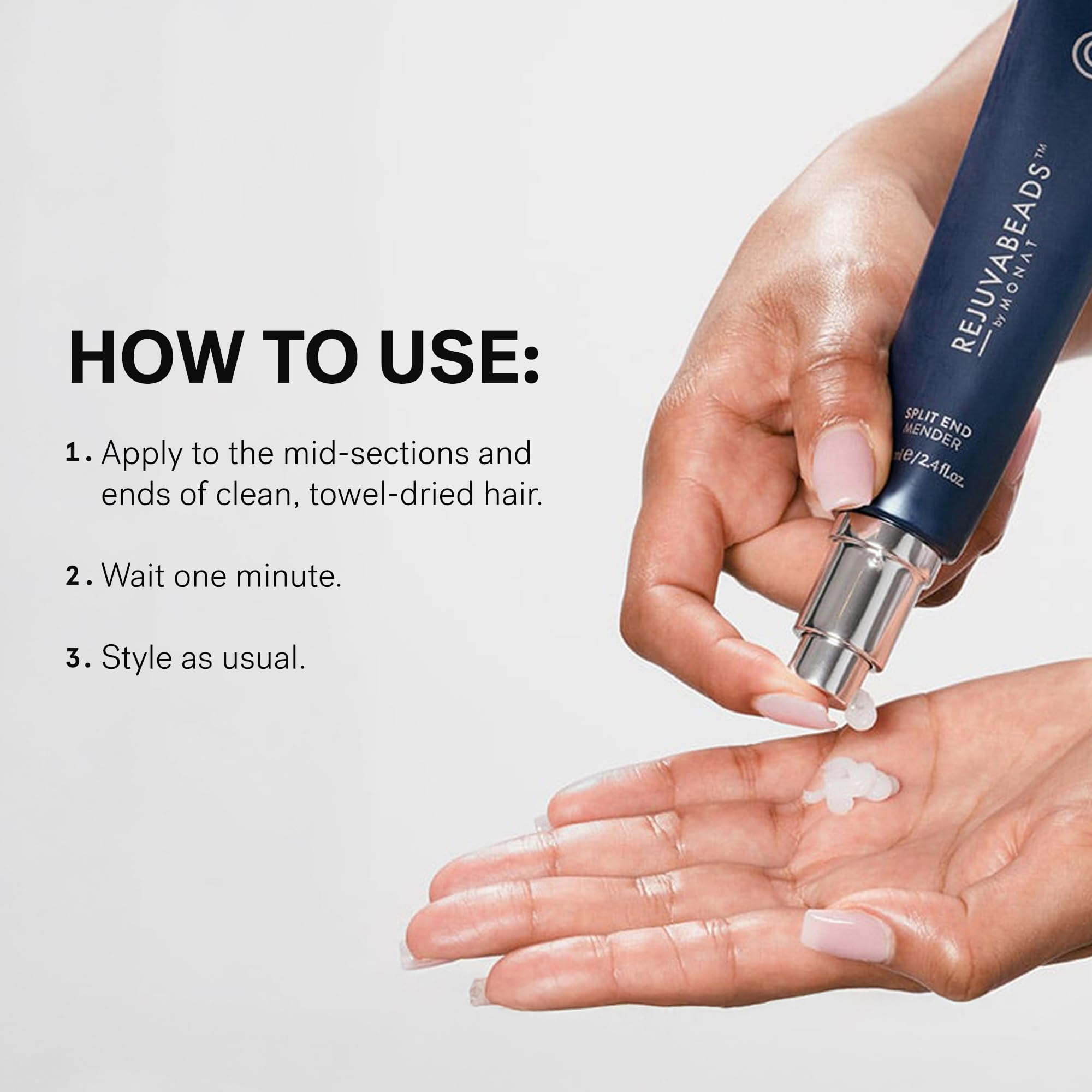 MONAT escena de estilo de vida aplicando serum antes de peinar para cabello suave