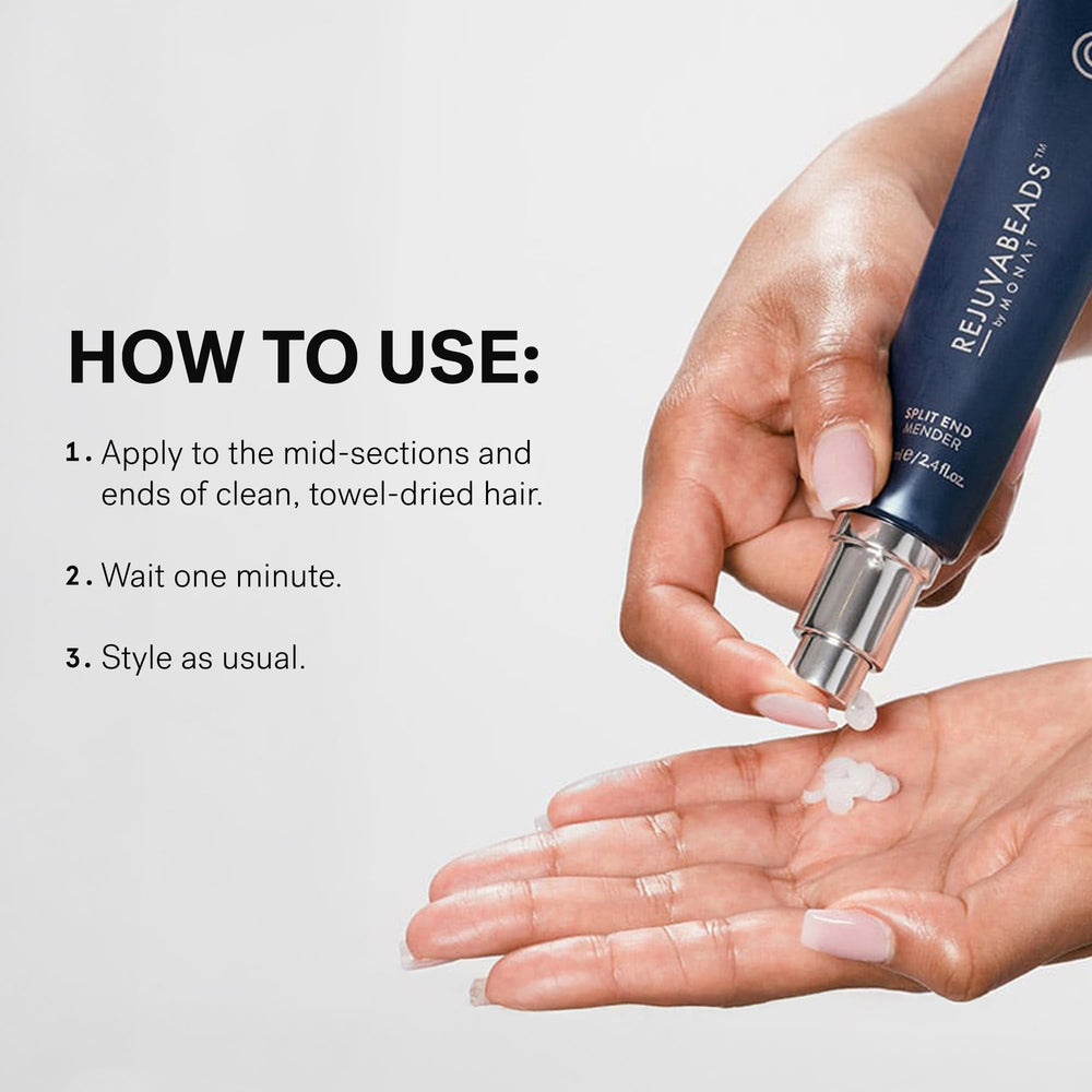 MONAT escena de estilo de vida aplicando serum antes de peinar para cabello suave