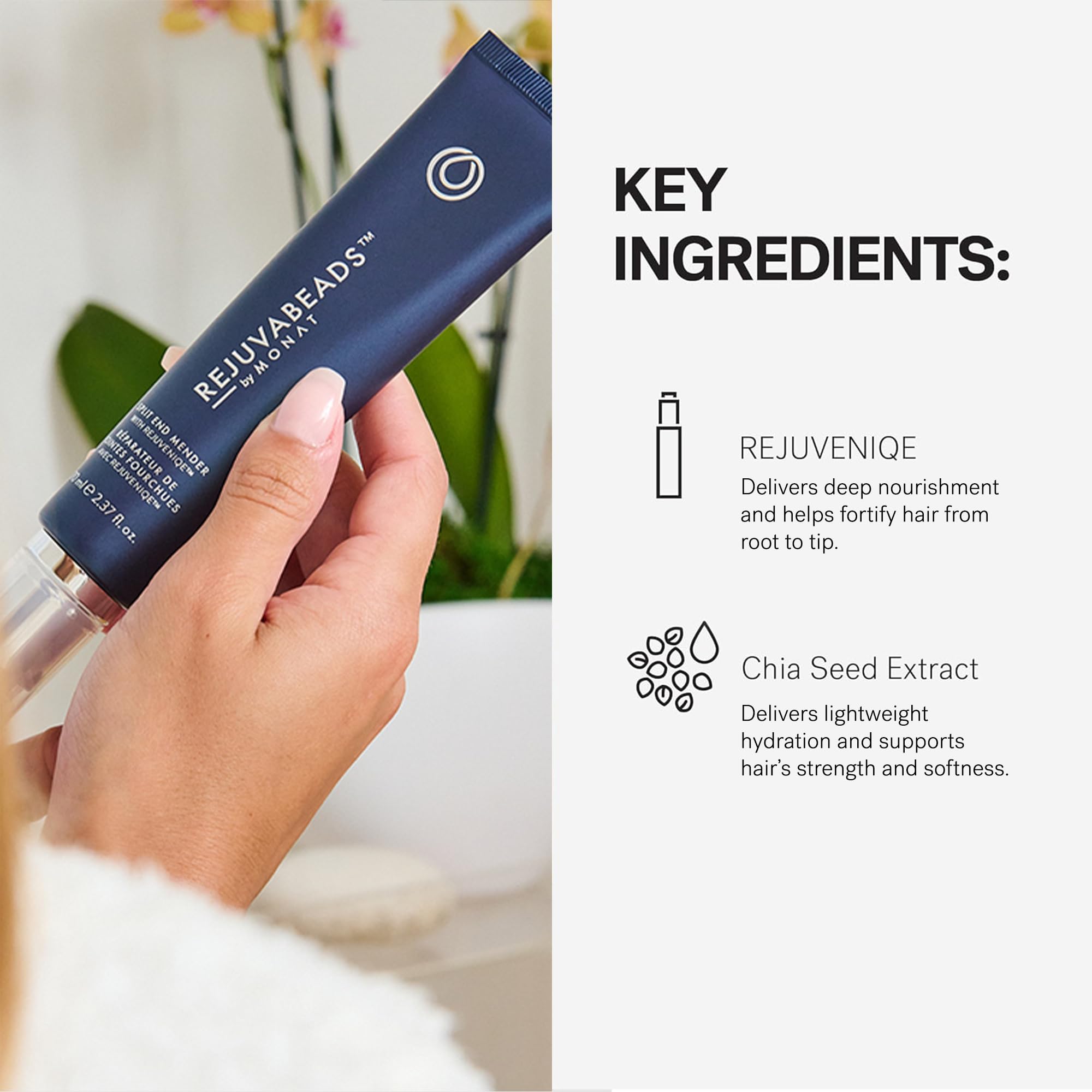 MONAT etiqueta del producto con ingredientes y beneficio vegano y sin sulfatos