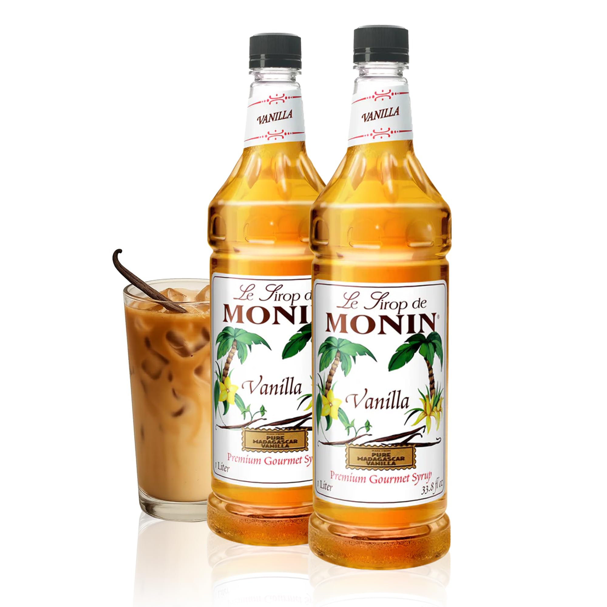 Monin botella frontal pack 2 mostrando etiqueta y beneficio de sabor auténtico