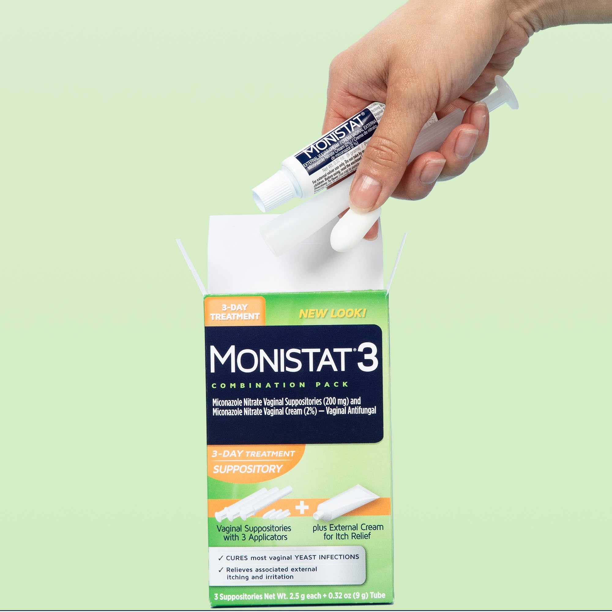 Monistat etiqueta con ingredientes y dosificación clara y visible