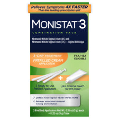 Monistat frente del empaque mostrando kit 3 días y comodidad