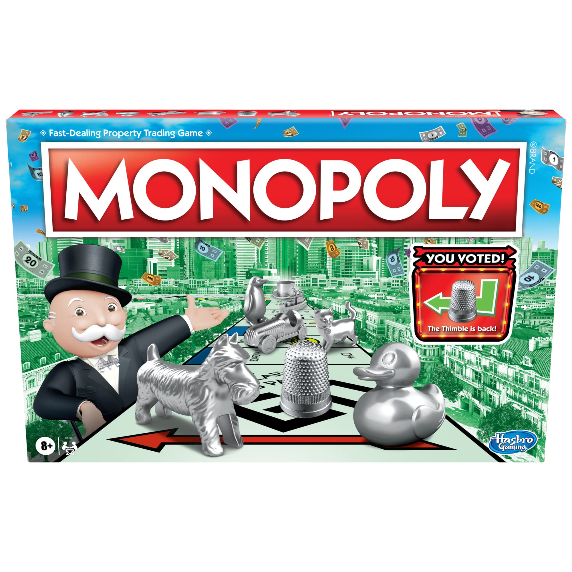 Monopoly caja frontal mostrando contenido y lista, ideal para regalar