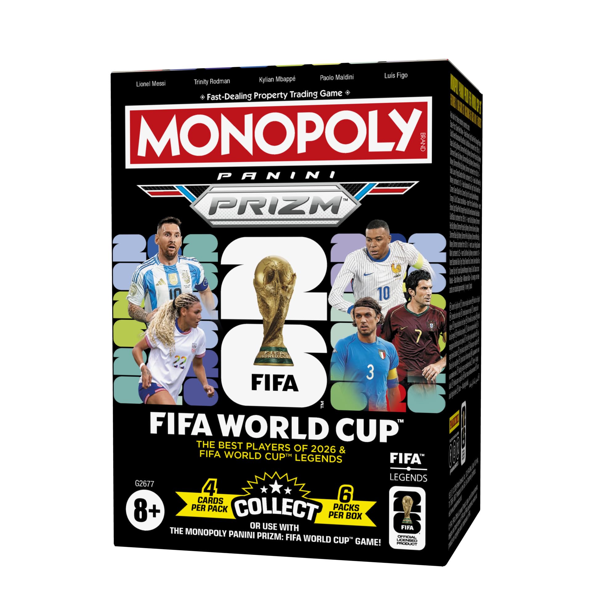 Monopoly Panini Prizm caja frontal mostrando diseño y cantidad de sobres, perfecto para coleccionar