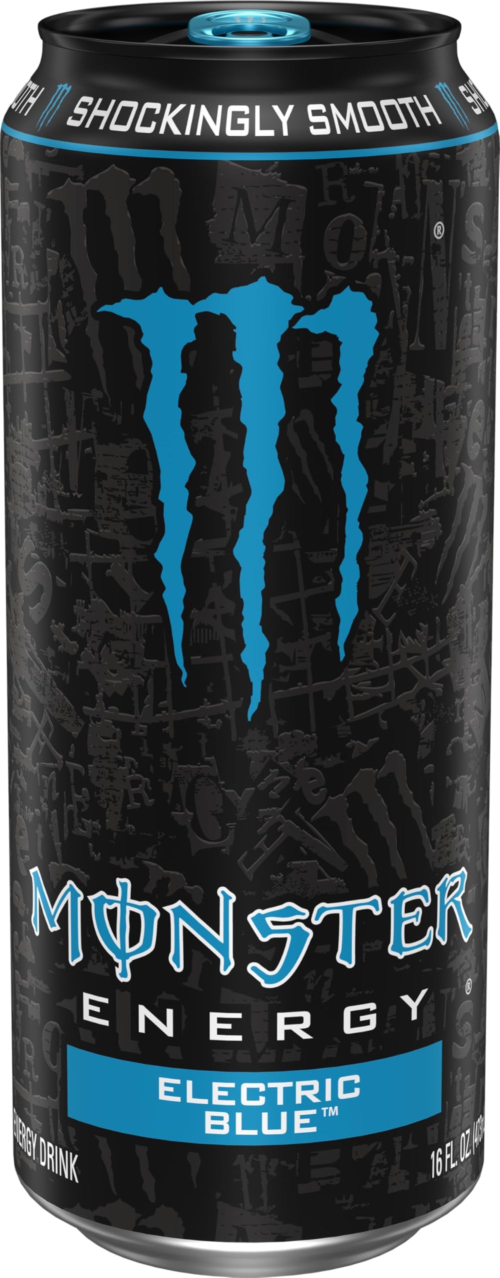 Monster lata Electric Blue en mano demostrando tamaño y consumo cómodo