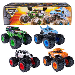 Monster Jam vista frontal del pack con cuatro camiones, atractivo de colección